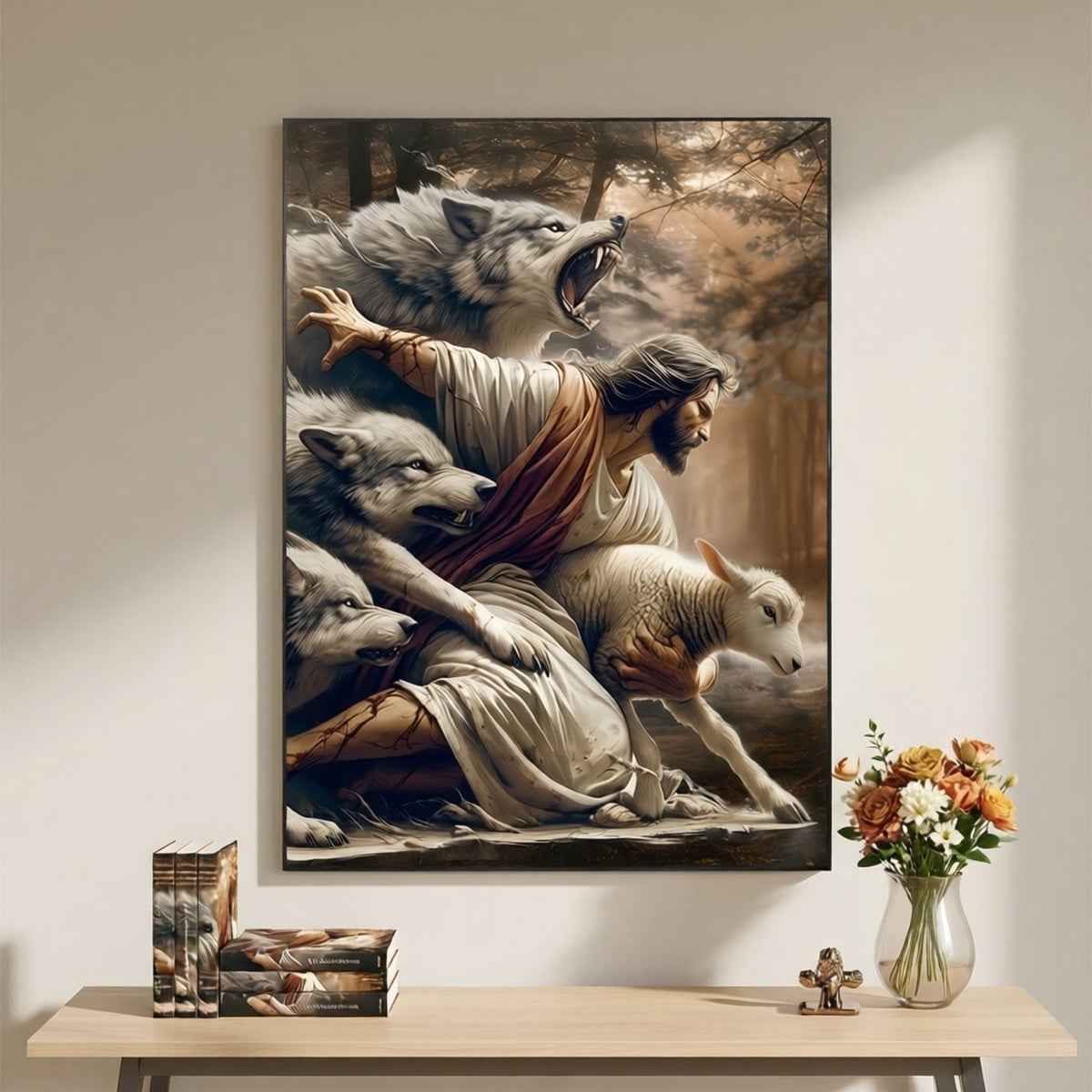 2D Flat, 2D Flat, 1pc Canvas Artwork Featuring, a Wolf, And Sheep - a Classic Piece of Religious Art for Decorating Living Rooms, Bedrooms, And Churches. A Creative Spiritual Gift And Holiday Home Decoration