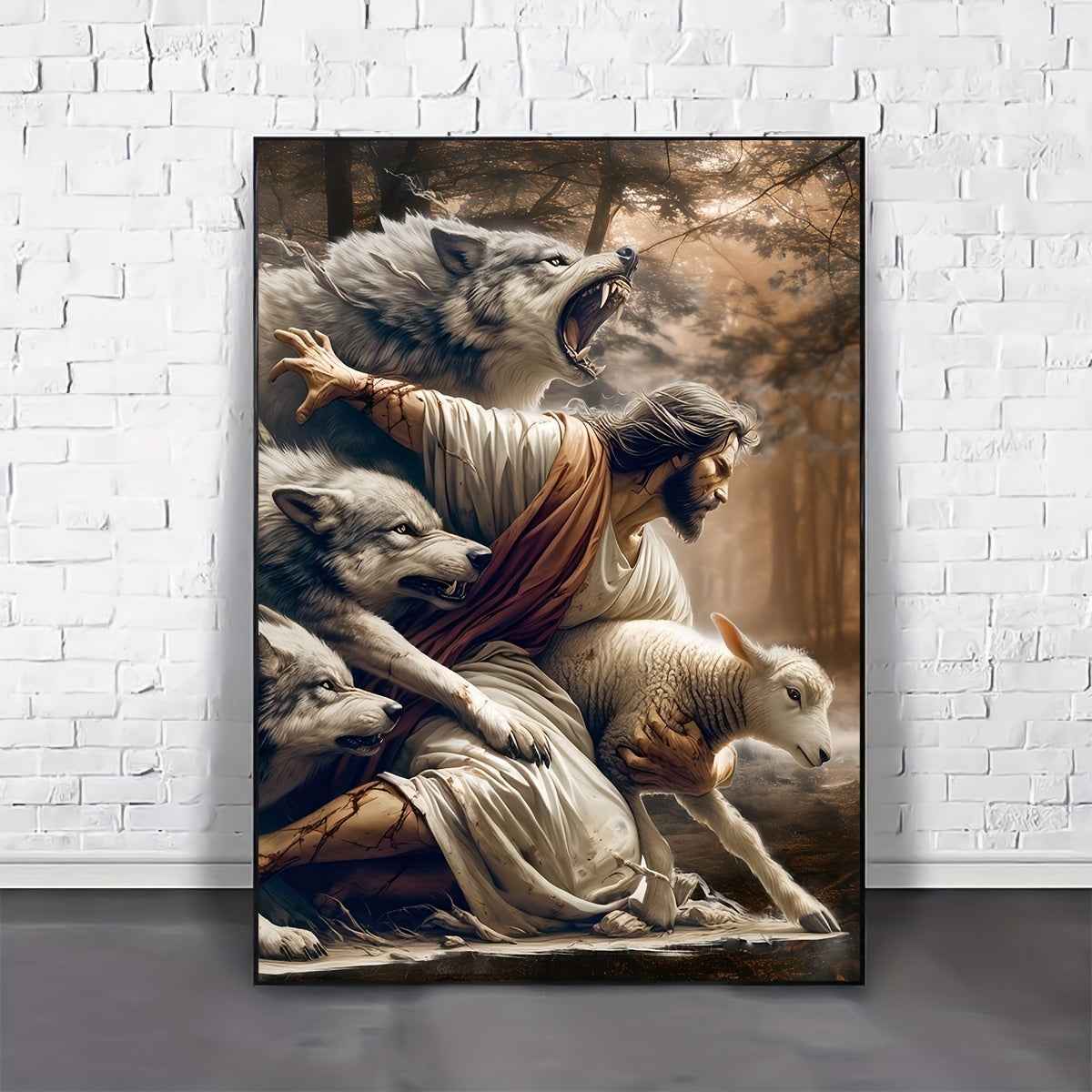 2D Flat, 2D Flat, 1pc Canvas Artwork Featuring, a Wolf, And Sheep - a Classic Piece of Religious Art for Decorating Living Rooms, Bedrooms, And Churches. A Creative Spiritual Gift And Holiday Home Decoration