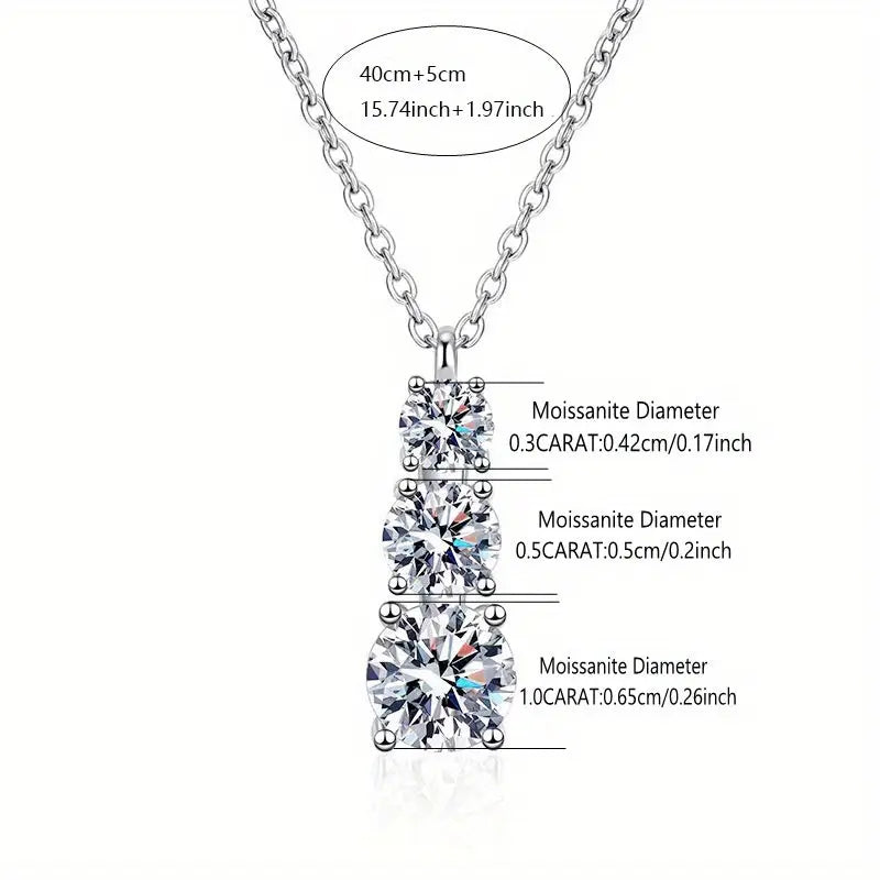 Sterling Silver Moissanite Pendant Necklace with 1.8 Carat Triple-Stone Design - Elegant Gift in Luxury Box for Her Birthday - LuxeStreet Boutique