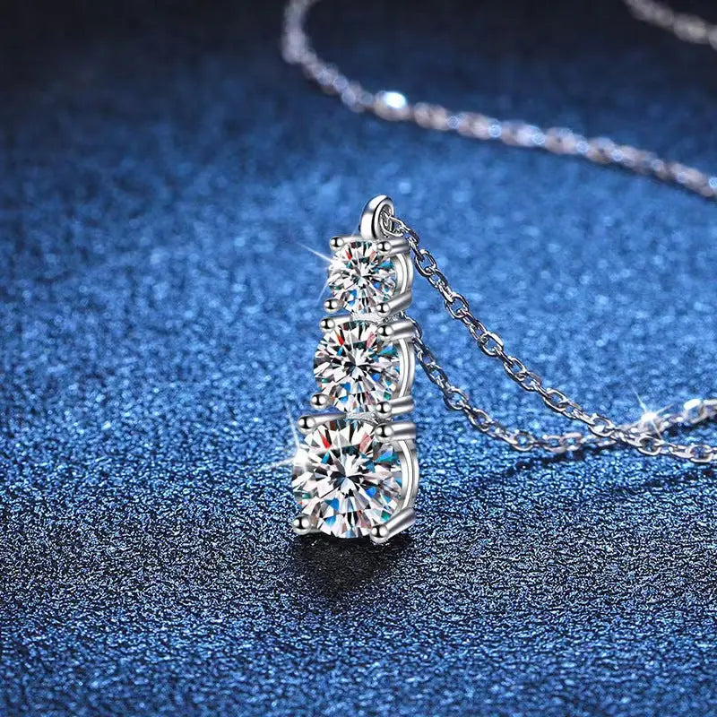 Sterling Silver Moissanite Pendant Necklace with 1.8 Carat Triple-Stone Design - Elegant Gift in Luxury Box for Her Birthday - LuxeStreet Boutique
