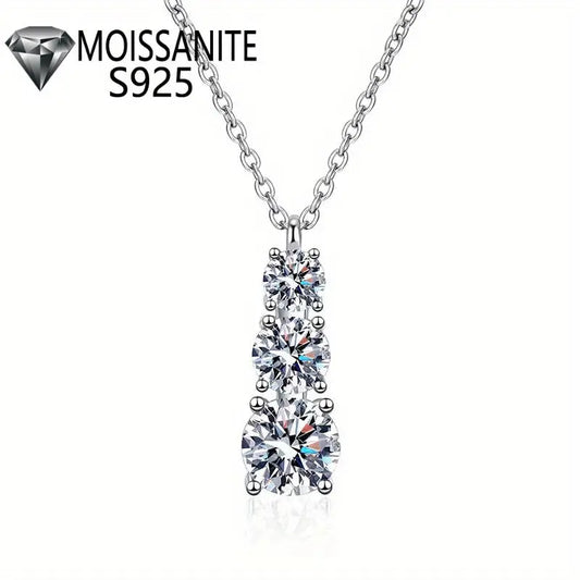 Sterling Silver Moissanite Pendant Necklace with 1.8 Carat Triple-Stone Design - Elegant Gift in Luxury Box for Her Birthday - LuxeStreet Boutique