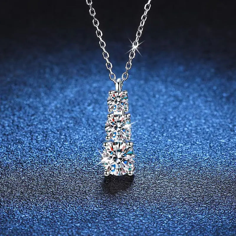 Sterling Silver Moissanite Pendant Necklace with 1.8 Carat Triple-Stone Design - Elegant Gift in Luxury Box for Her Birthday - LuxeStreet Boutique