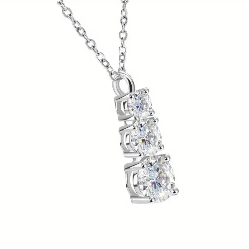 Sterling Silver Moissanite Pendant Necklace with 1.8 Carat Triple-Stone Design - Elegant Gift in Luxury Box for Her Birthday - LuxeStreet Boutique