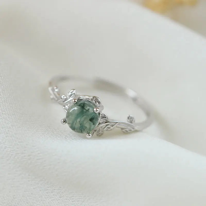 S925 Silver Moss Ring with Green Moss Agate Stone for Nature Lovers - LuxeStreet Boutique