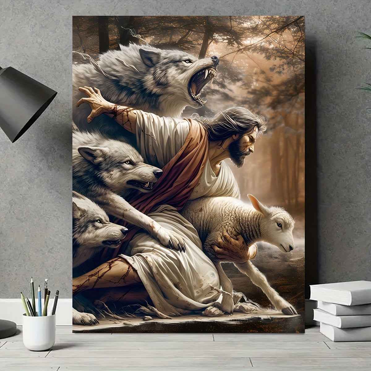 2D Flat, 2D Flat, 1pc Canvas Artwork Featuring, a Wolf, And Sheep - a Classic Piece of Religious Art for Decorating Living Rooms, Bedrooms, And Churches. A Creative Spiritual Gift And Holiday Home Decoration