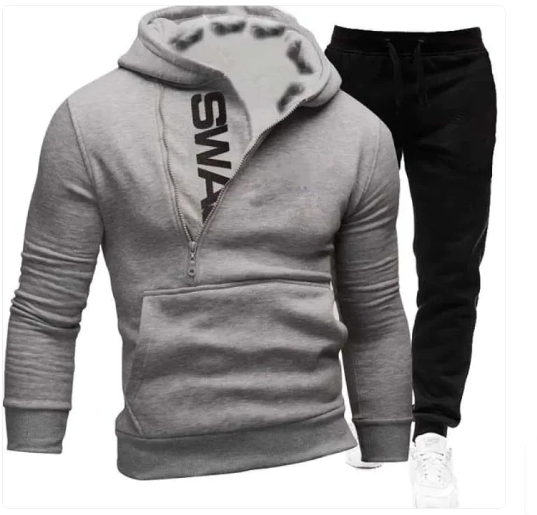 Side zipper contrast color hooded men's sweater suit - LuxeStreet Boutique