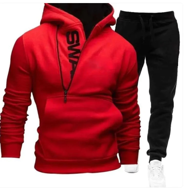 Side zipper contrast color hooded men's sweater suit - LuxeStreet Boutique