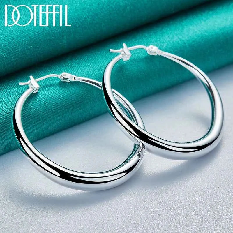 DOTEFFIL 925 Sterling Silver 40mm Round Smooth Big Circle Hoop Earrings For Woman Fashion Party Wedding Jewelry