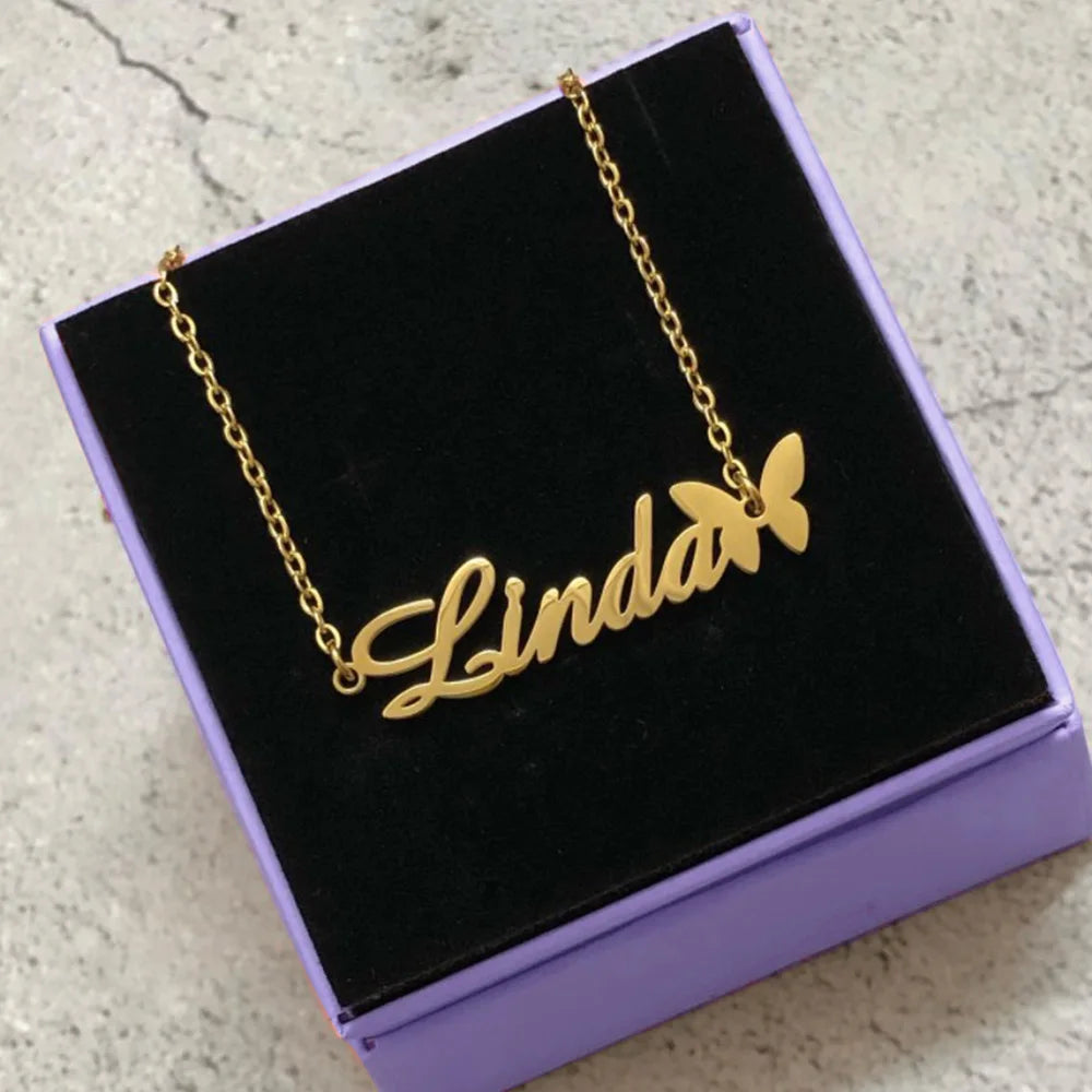 Personalized Name Butterfly Necklace - Gold Color Stainless Steel Chain Handmade Nameplate Jewelry for Unique Gifts - LuxeStreet Boutique