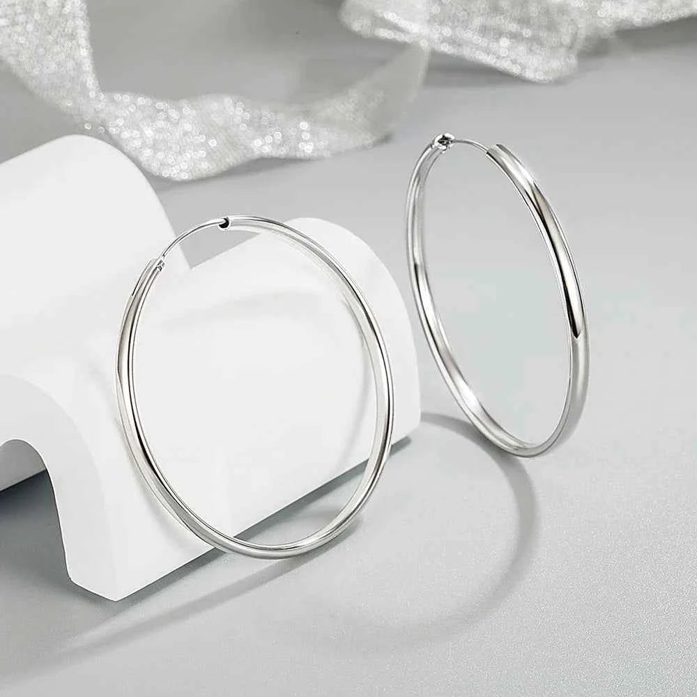 Genuine 925 Sterling Silver Fashion Round Hoop Earrings