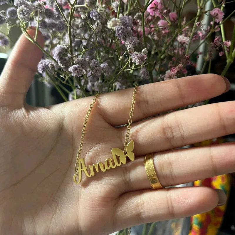 Personalized Name Butterfly Necklace - Gold Color Stainless Steel Chain Handmade Nameplate Jewelry for Unique Gifts - LuxeStreet Boutique