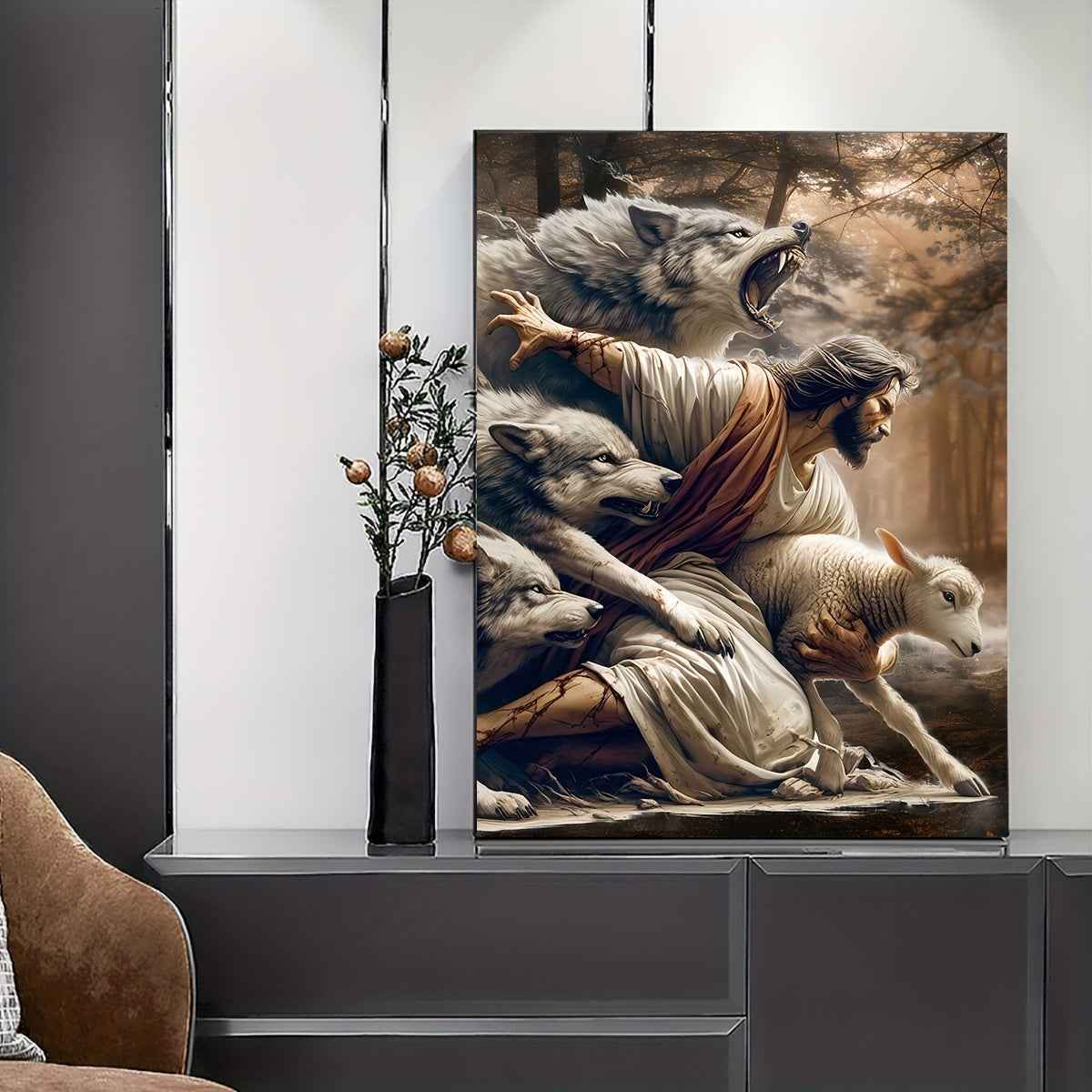 2D Flat, 2D Flat, 1pc Canvas Artwork Featuring, a Wolf, And Sheep - a Classic Piece of Religious Art for Decorating Living Rooms, Bedrooms, And Churches. A Creative Spiritual Gift And Holiday Home Decoration