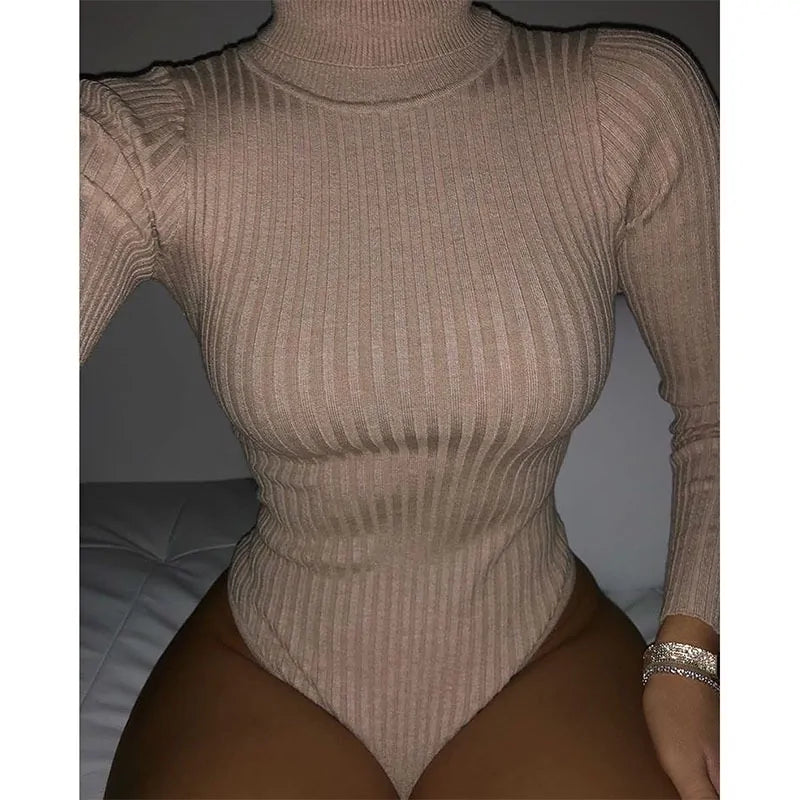 Ribbed Knitted Turtleneck Bodysuit: Long Sleeve Women's Winter Clothing - LuxeStreet Boutique