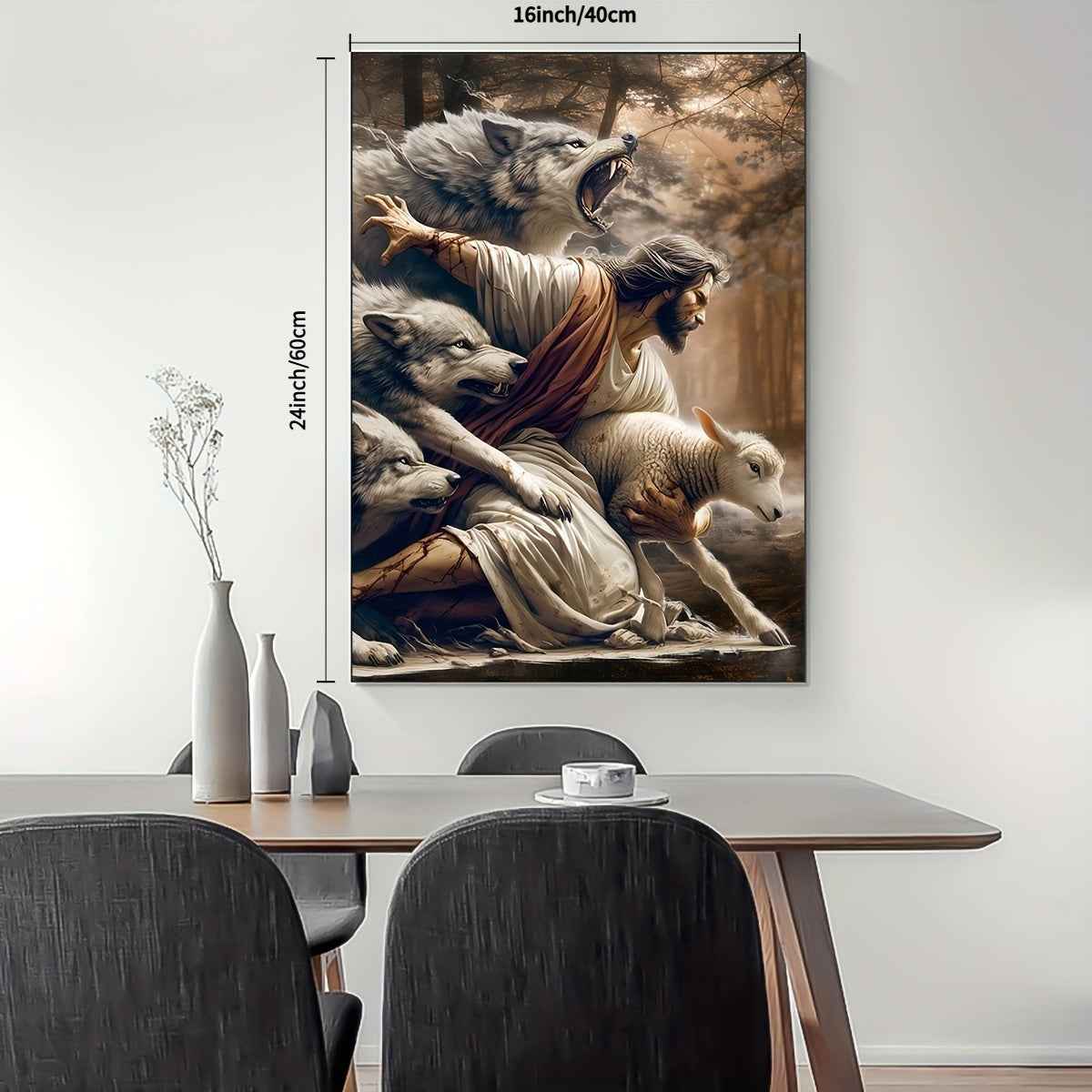 2D Flat, 2D Flat, 1pc Canvas Artwork Featuring, a Wolf, And Sheep - a Classic Piece of Religious Art for Decorating Living Rooms, Bedrooms, And Churches. A Creative Spiritual Gift And Holiday Home Decoration