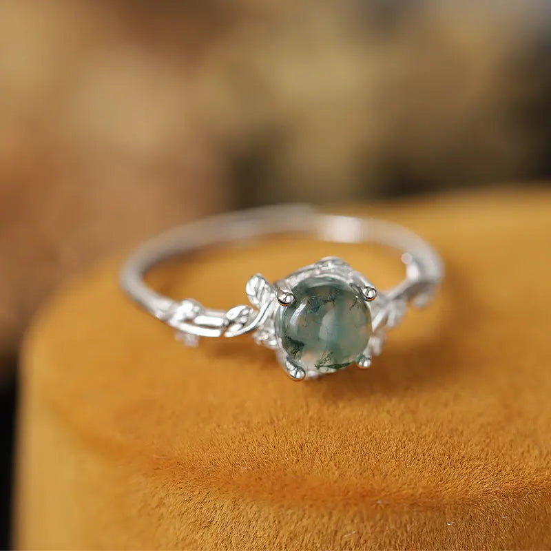 S925 Silver Moss Ring with Green Moss Agate Stone for Nature Lovers - LuxeStreet Boutique