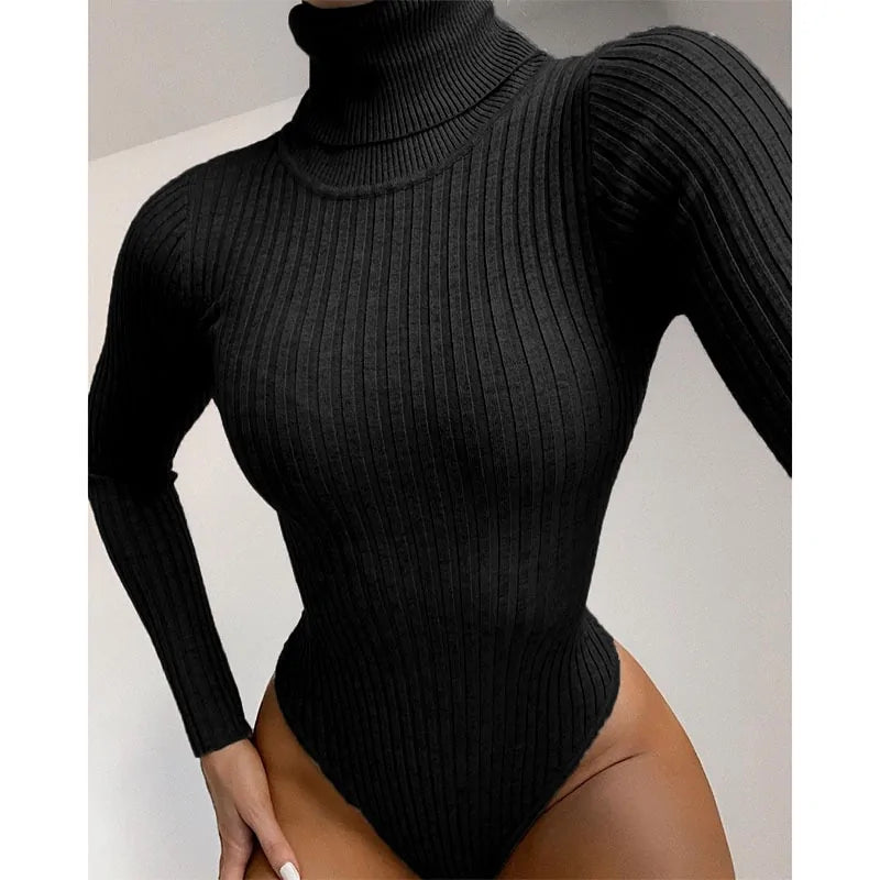 Ribbed Knitted Turtleneck Bodysuit: Long Sleeve Women's Winter Clothing - LuxeStreet Boutique