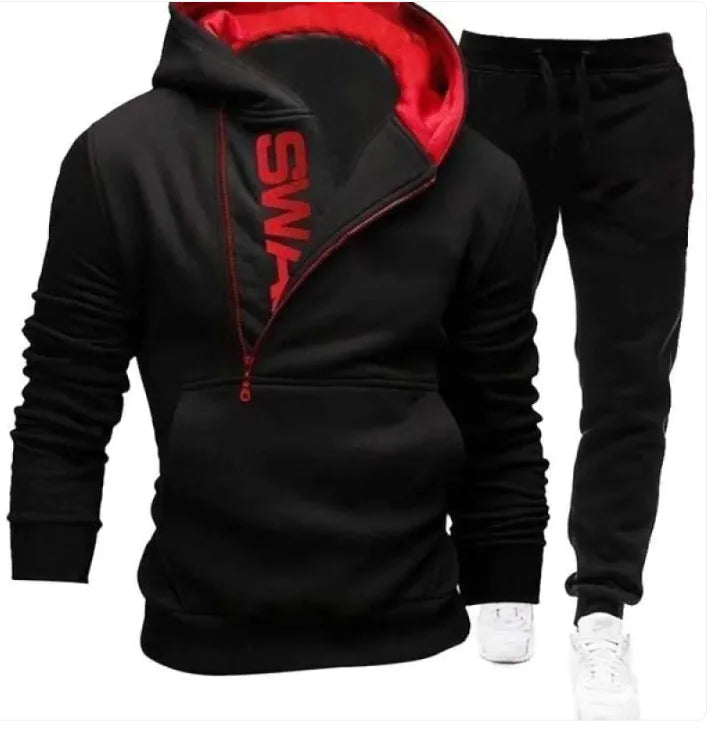 Side zipper contrast color hooded men's sweater suit - LuxeStreet Boutique